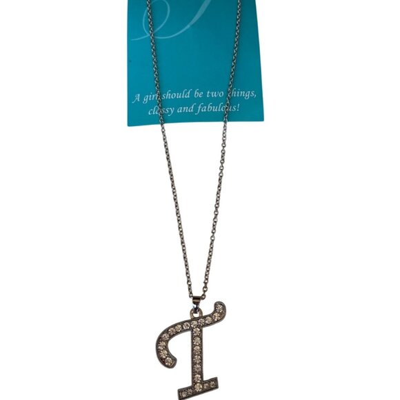 Dots Brand "T" Letter Silver Earrings and Necklace w/Rhinestones (NEW) - Picture 1 of 14